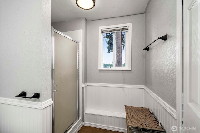2505 211th Ave E, Lake Tapps, WA 98391 - full bath featuring a shower stall, wainscoting, and a textured wall