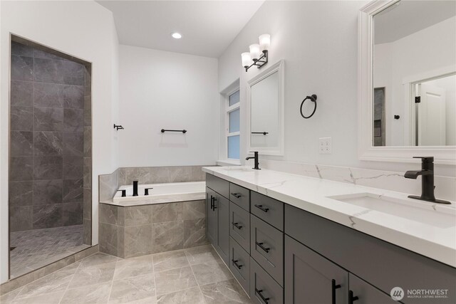 14317 Mima Rd SW, Olympia, WA 98512 - full bath with a garden tub, double vanity, a tile shower, and recessed lighting