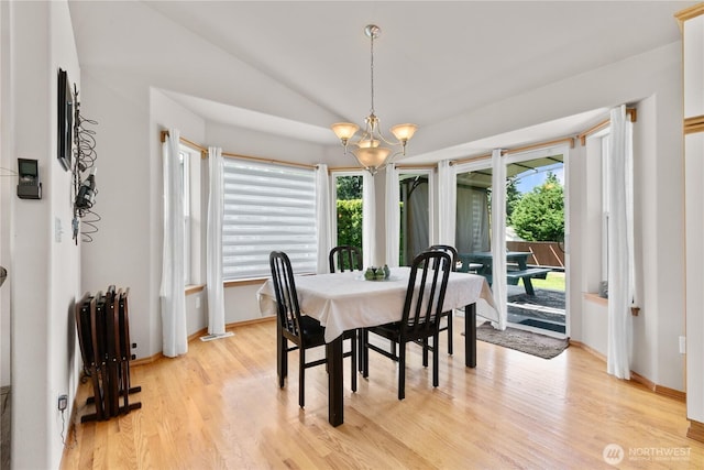 8615 176th St NW, Stanwood, WA 98282 - dining area featuring radiator heating unit, healthy amount of natural light, light wood-style flooring, lofted ceiling, and a chandelier
