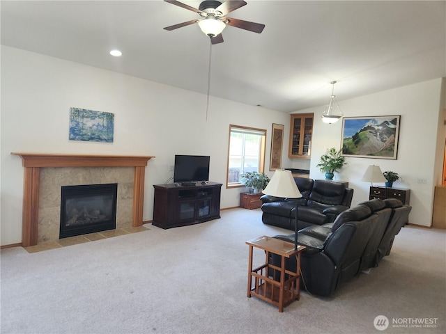 16314 2nd Dr SE, Bothell, WA 98012 - carpeted living room with lofted ceiling, ceiling fan, a fireplace, and recessed lighting