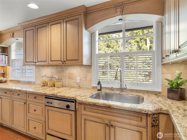 19263 Edgecliff Dr SW, Normandy Park, WA 98166 - kitchen featuring dishwasher, decorative backsplash, arched walkways, and light stone counters
