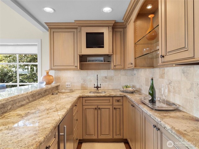 19263 Edgecliff Dr SW, Normandy Park, WA 98166 - kitchen featuring open shelves, light stone counters, decorative backsplash, and recessed lighting