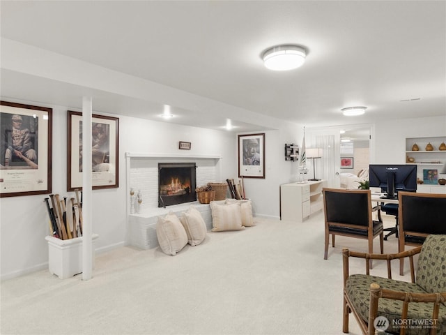 19263 Edgecliff Dr SW, Normandy Park, WA 98166 - living room featuring light carpet, a fireplace, and a desk