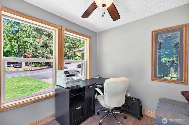 132 Tanglewood Dr, Longview, WA 98632 - home office with wood finished floors, a ceiling fan, and a textured ceiling