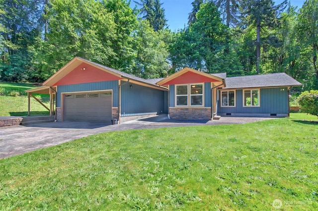 132 Tanglewood Dr, Longview, WA 98632 - view of front of property featuring a garage, driveway, a front lawn, and crawl space