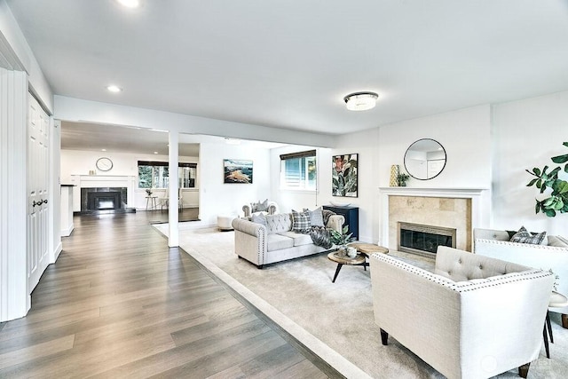 20 Cascade Ky, Bellevue, WA 98006 - living area featuring a premium fireplace, wood finished floors, and recessed lighting