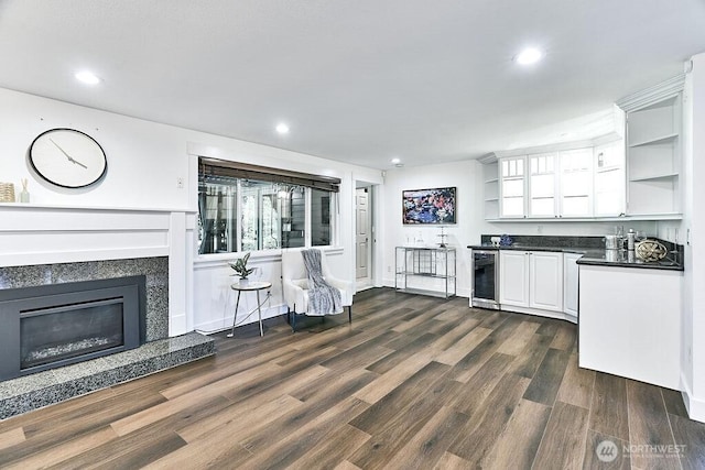 20 Cascade Ky, Bellevue, WA 98006 - kitchen with open shelves, beverage cooler, dark countertops, white cabinets, and dark wood-type flooring