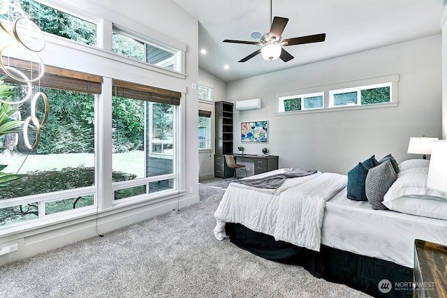 20 Cascade Ky, Bellevue, WA 98006 - bedroom with a wall mounted air conditioner, carpet flooring, lofted ceiling, ceiling fan, and recessed lighting