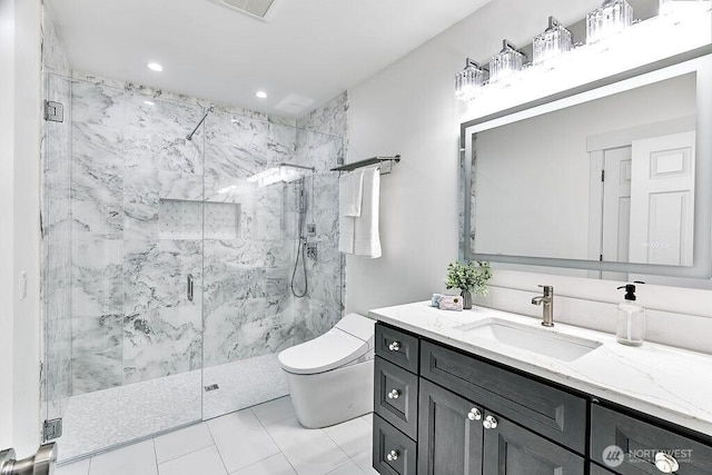 20 Cascade Ky, Bellevue, WA 98006 - bathroom featuring vanity, a marble finish shower, recessed lighting, and tile patterned floors
