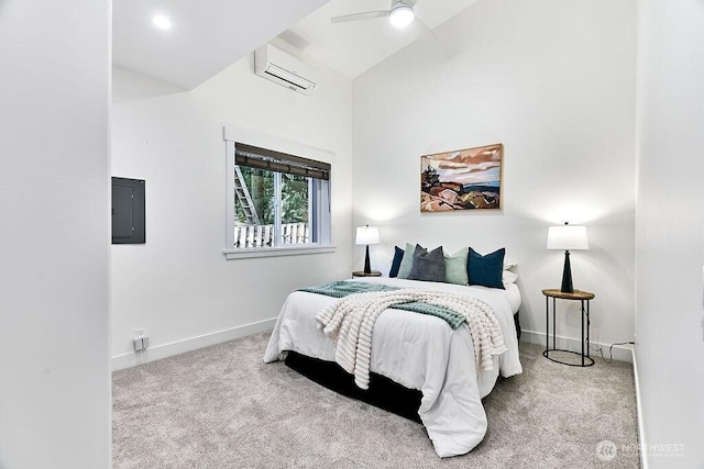 20 Cascade Ky, Bellevue, WA 98006 - carpeted bedroom featuring a wall mounted AC, electric panel, a ceiling fan, and high vaulted ceiling