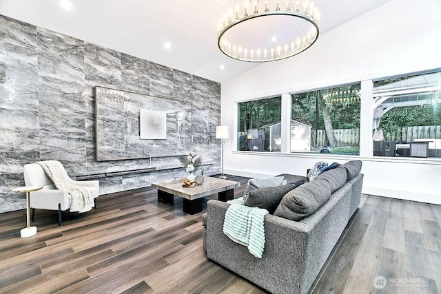 20 Cascade Ky, Bellevue, WA 98006 - living room featuring wood finished floors, vaulted ceiling, a chandelier, and recessed lighting