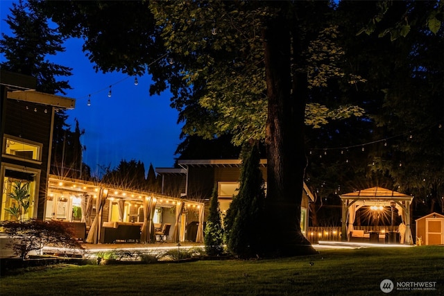 20 Cascade Ky, Bellevue, WA 98006 - yard at night featuring a gazebo, an outdoor living space, and a patio area