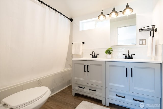 5502 Chuckanut Dr, Bow, WA 98232 - full bathroom featuring shower / tub combo, double vanity, and wood finished floors