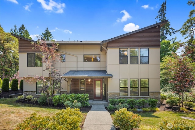 587 155th Pl NE, Bellevue, WA 98007 - contemporary home with stone siding, stucco siding, and a porch