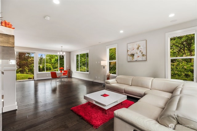 587 155th Pl NE, Bellevue, WA 98007 - living area with a chandelier, dark wood finished floors, and recessed lighting