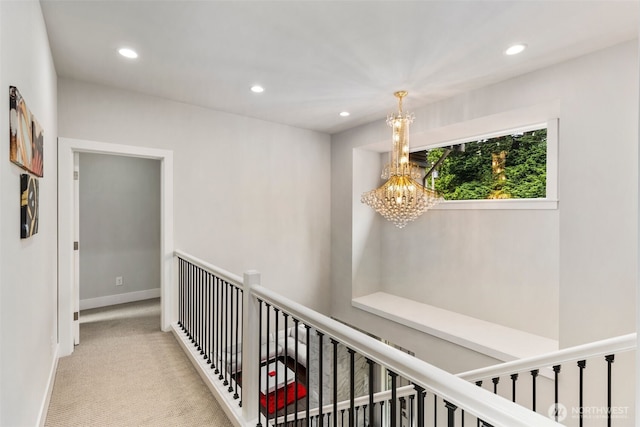 587 155th Pl NE, Bellevue, WA 98007 - hallway featuring an upstairs landing, a chandelier, recessed lighting, and carpet floors