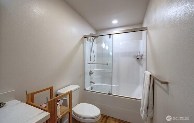 999 41st Ln, Seaview, WA 98644 - full bathroom with enclosed tub / shower combo, vanity, and wood finished floors