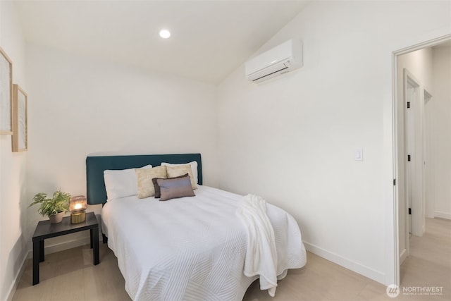 2912 SW Thistle St Unit B, Seattle, WA 98126 - bedroom with an AC wall unit, lofted ceiling, and recessed lighting