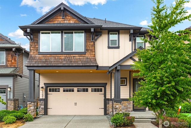 1297 Westridge Way NE, Issaquah, WA 98029 - craftsman house with a garage, driveway, board and batten siding, and stone siding