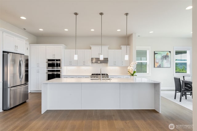 1297 Westridge Way NE, Issaquah, WA 98029 - kitchen featuring appliances with stainless steel finishes, under cabinet range hood, backsplash, white cabinetry, and dark wood-style flooring