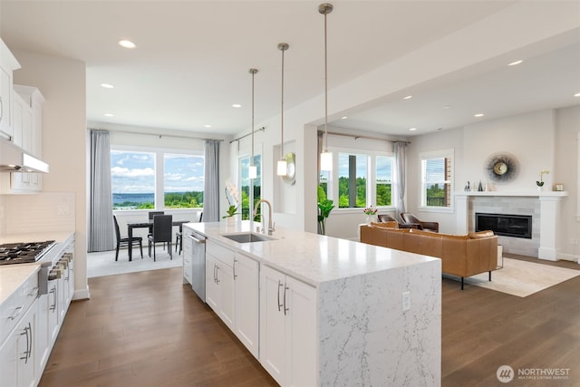 1297 Westridge Way NE, Issaquah, WA 98029 - kitchen with dark wood-type flooring, stainless steel appliances, a glass covered fireplace, recessed lighting, and white cabinets