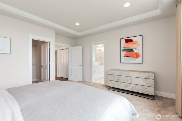 1297 Westridge Way NE, Issaquah, WA 98029 - bedroom featuring crown molding, carpet flooring, recessed lighting, ensuite bathroom, and a tray ceiling