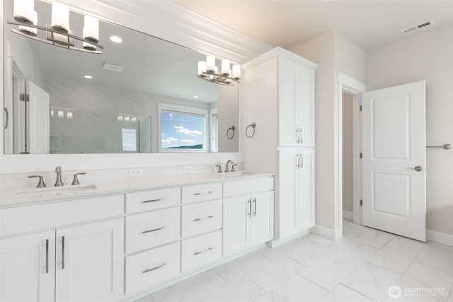 1297 Westridge Way NE, Issaquah, WA 98029 - bathroom featuring a chandelier, double vanity, marble look tile flooring, a marble finish shower, and recessed lighting