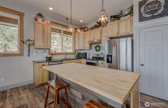 108 Hummingbird Rd, East Wenatchee, WA 98802 - kitchen featuring appliances with stainless steel finishes, light brown cabinetry, under cabinet range hood, plenty of natural light, and recessed lighting