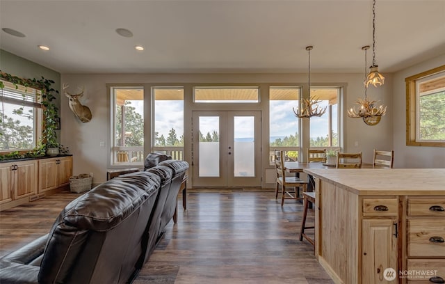 108 Hummingbird Rd, East Wenatchee, WA 98802 - living area featuring french doors, a chandelier, dark wood-style flooring, and recessed lighting