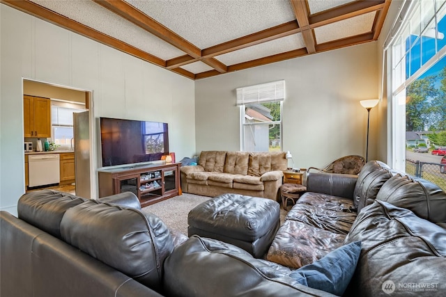 1639 King St, Bellingham, WA 98225 - living area with coffered ceiling, beam ceiling, healthy amount of natural light, and light colored carpet