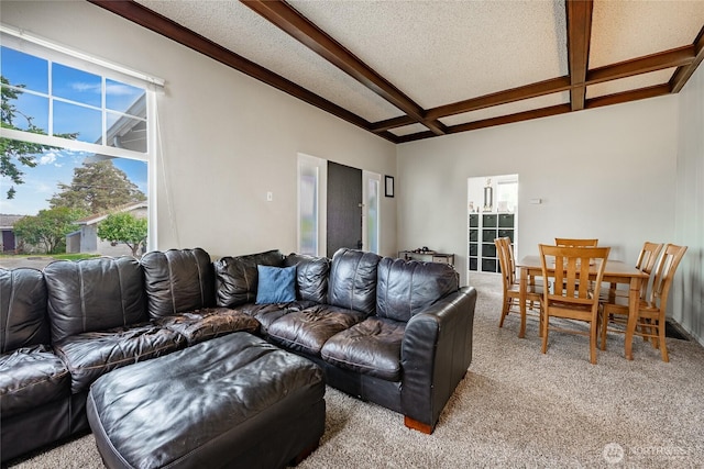 1639 King St, Bellingham, WA 98225 - living area with coffered ceiling, beamed ceiling, and light colored carpet