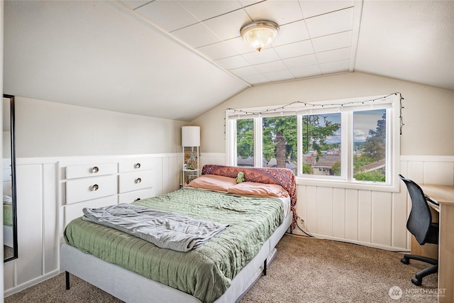 1639 King St, Bellingham, WA 98225 - carpeted bedroom with lofted ceiling, wainscoting, and an office area