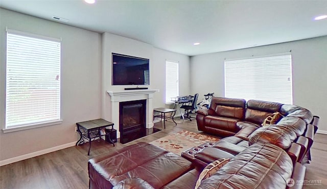 4218 SW Colbert Way, Port Orchard, WA 98367 - living room with a fireplace with flush hearth, recessed lighting, and wood finished floors