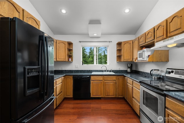 28713 207th Ave SE, Kent, WA 98042 - kitchen with black appliances, open shelves, under cabinet range hood, brown cabinetry, and vaulted ceiling