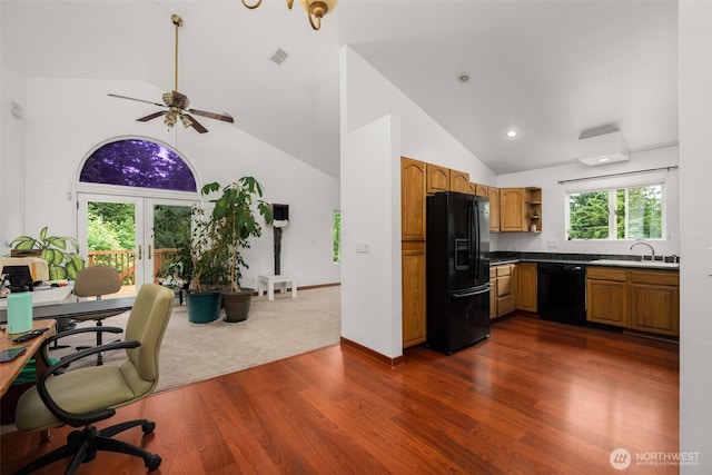 28713 207th Ave SE, Kent, WA 98042 - kitchen with black appliances, high vaulted ceiling, french doors, a ceiling fan, and an office area