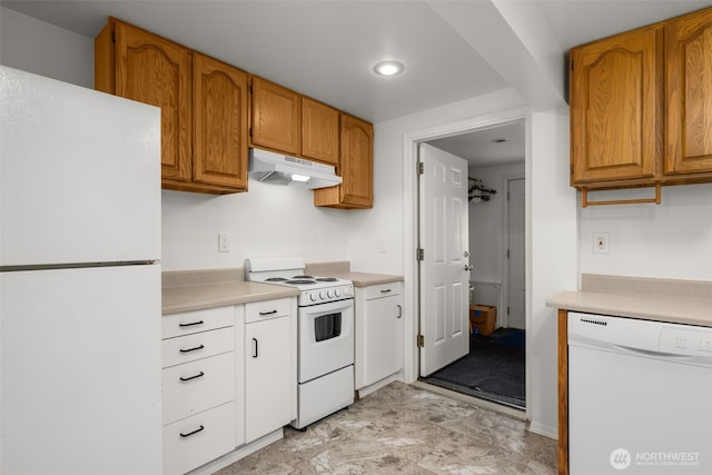 28713 207th Ave SE, Kent, WA 98042 - kitchen featuring white appliances, under cabinet range hood, light countertops, recessed lighting, and brown cabinets