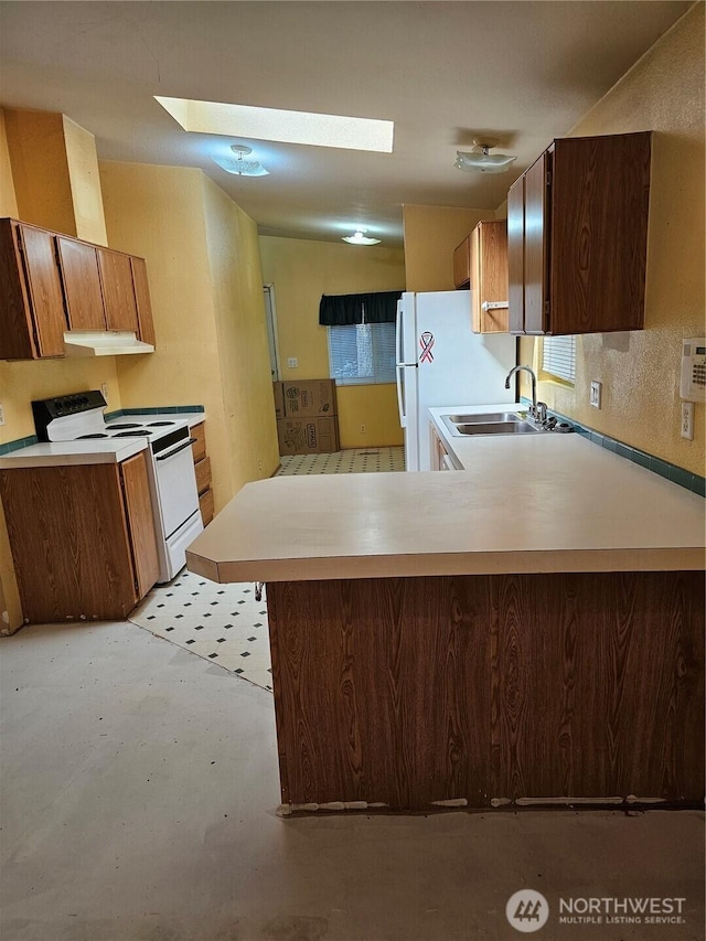 61 Flamingo Rd, Port Townsend, WA 98368 - kitchen featuring white electric range oven, under cabinet range hood, light countertops, a peninsula, and concrete flooring