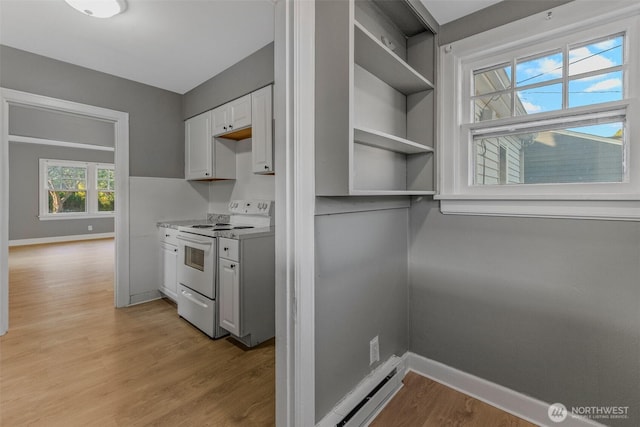 2849 Flordia St, Longview, WA 98632 - kitchen with electric stove, light wood-style floors, light countertops, and white cabinets