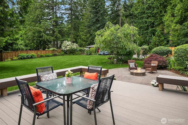 44422 SE 130th St, North Bend, WA 98045 - wooden deck featuring outdoor dining space and a fire pit