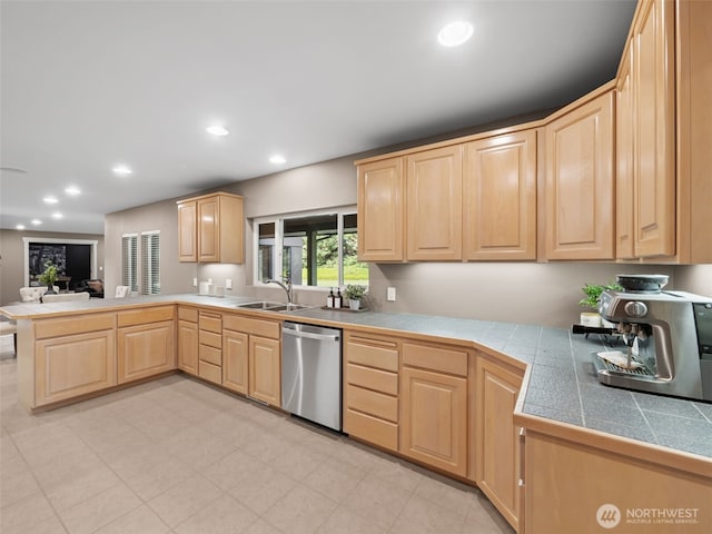 16825 SE 376th St, Auburn, WA 98092 - kitchen with stainless steel dishwasher, light brown cabinets, a peninsula, recessed lighting, and open floor plan