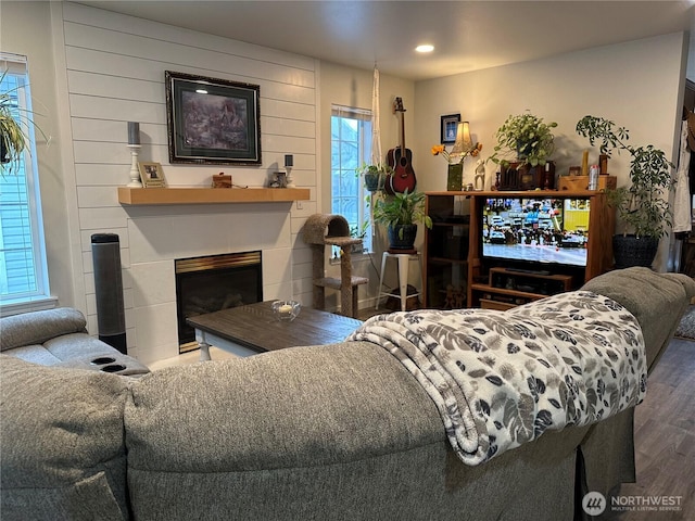 314 Birchwood Ln, Sedro Woolley, WA 98284 - living area featuring wood finished floors, recessed lighting, and a fireplace