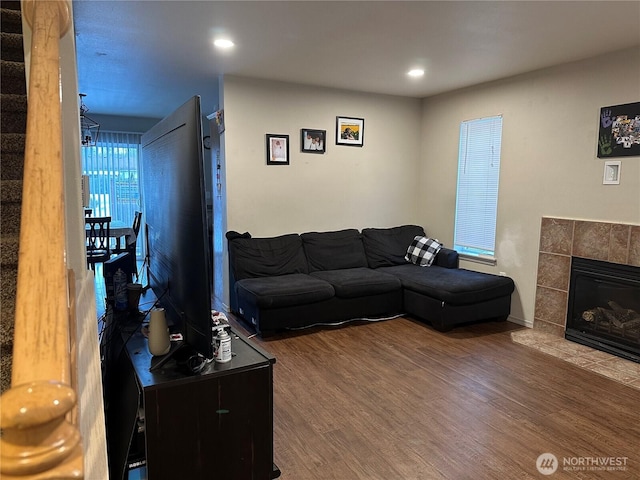314 Birchwood Ln, Sedro Woolley, WA 98284 - living area with wood finished floors, recessed lighting, and a tile fireplace