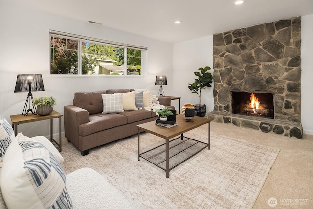 10733 126th Pl NE, Kirkland, WA 98033 - living room featuring carpet floors, a stone fireplace, and recessed lighting