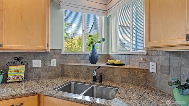 4422 NE 2nd Ln, Renton, WA 98059 - kitchen featuring light brown cabinetry, decorative backsplash, and stone countertops