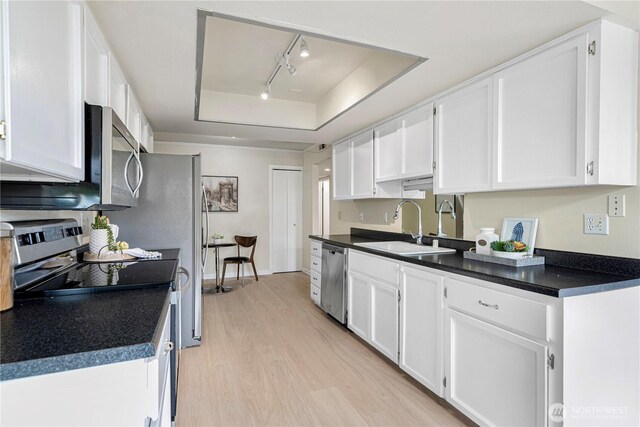 9201 NE Juanita Dr Unit 205, Kirkland, WA 98034 - kitchen with appliances with stainless steel finishes, a tray ceiling, light wood-style floors, rail lighting, and white cabinetry