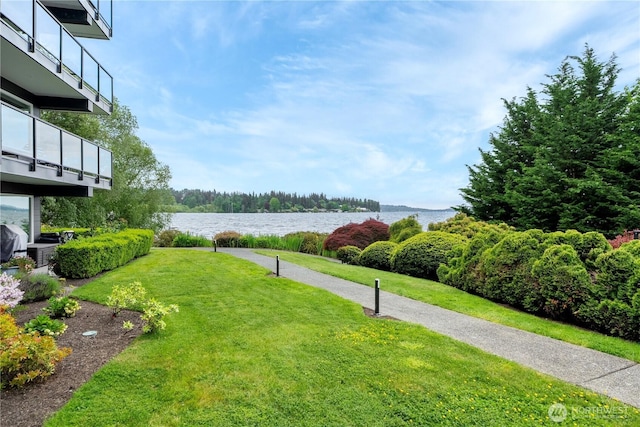 9201 NE Juanita Dr Unit 205, Kirkland, WA 98034 - view of grassy yard with a water view and a balcony