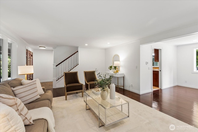 8606 184th St SW, Edmonds, WA 98026 - living room featuring hardwood / wood-style floors, stairs, and recessed lighting
