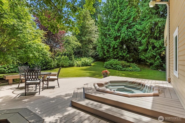 8606 184th St SW, Edmonds, WA 98026 - wooden terrace featuring outdoor dining area, a lawn, and view of scattered trees