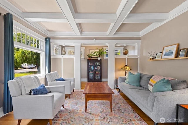 751 S 40th St, Tacoma, WA 98418 - living room with ornate columns, coffered ceiling, beam ceiling, and wood finished floors