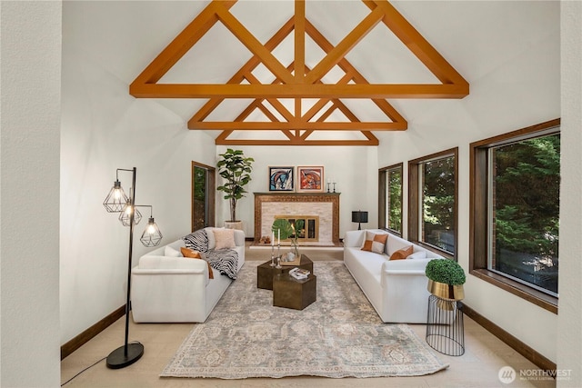 13710 41st Ave NE, Seattle, WA 98125 - living area featuring high vaulted ceiling, beamed ceiling, and a glass covered fireplace